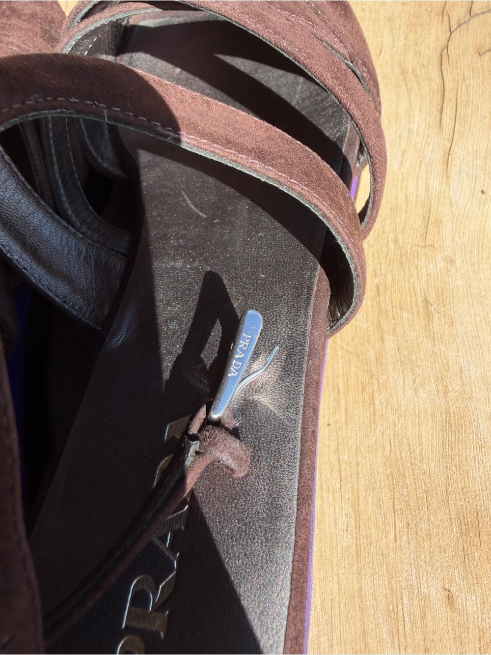 Vintage Prada Brown & Purple Suede Strappy Wedge Sandals — 37.5 / US 7.5 - Picture 5 of 9